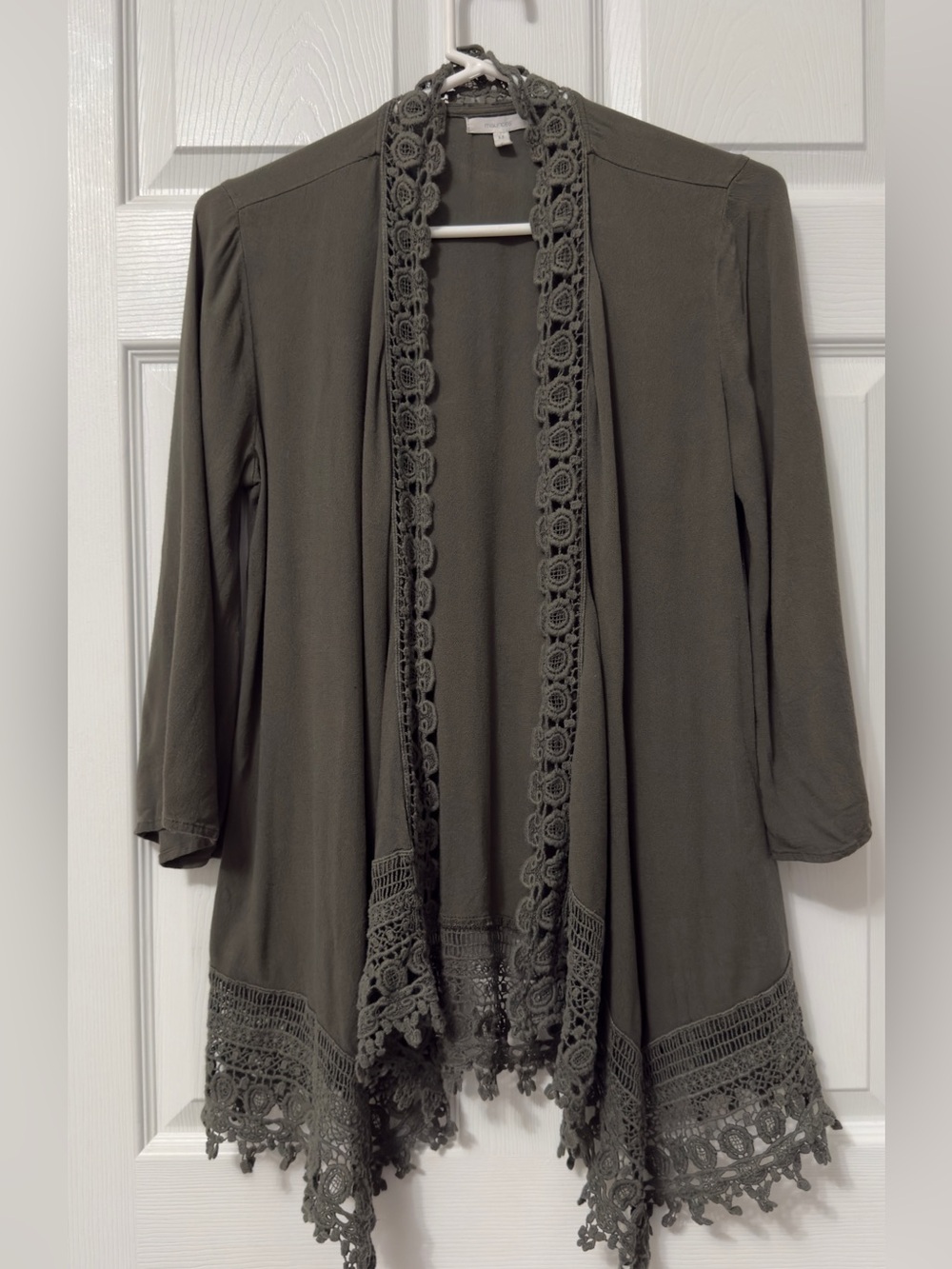 Maurices Olive Green Crochet-Trim Open Cardigan